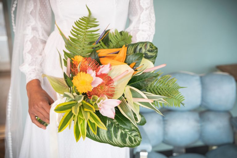 Bouquet of tropical flowers by Lucy Coco Floristry at Bambalan Bristol