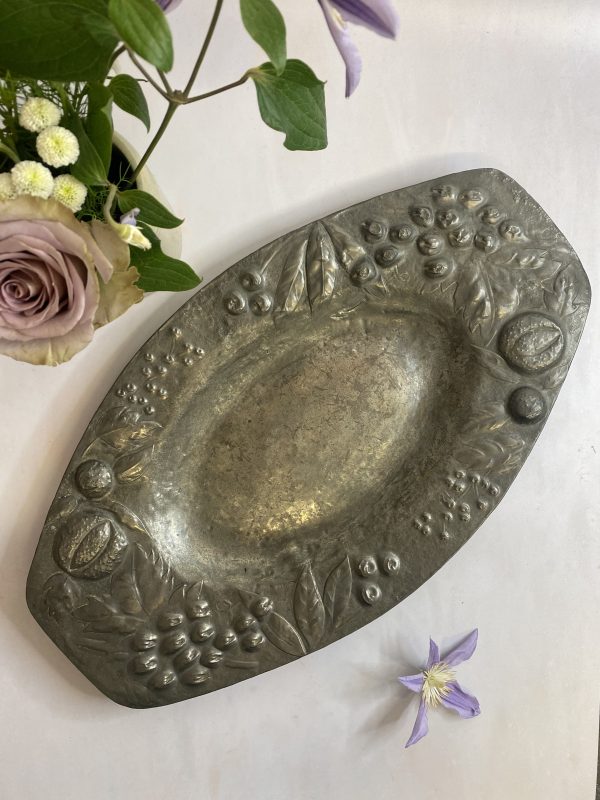 Hand-Carved 1930s Pewter and Wooden Platter